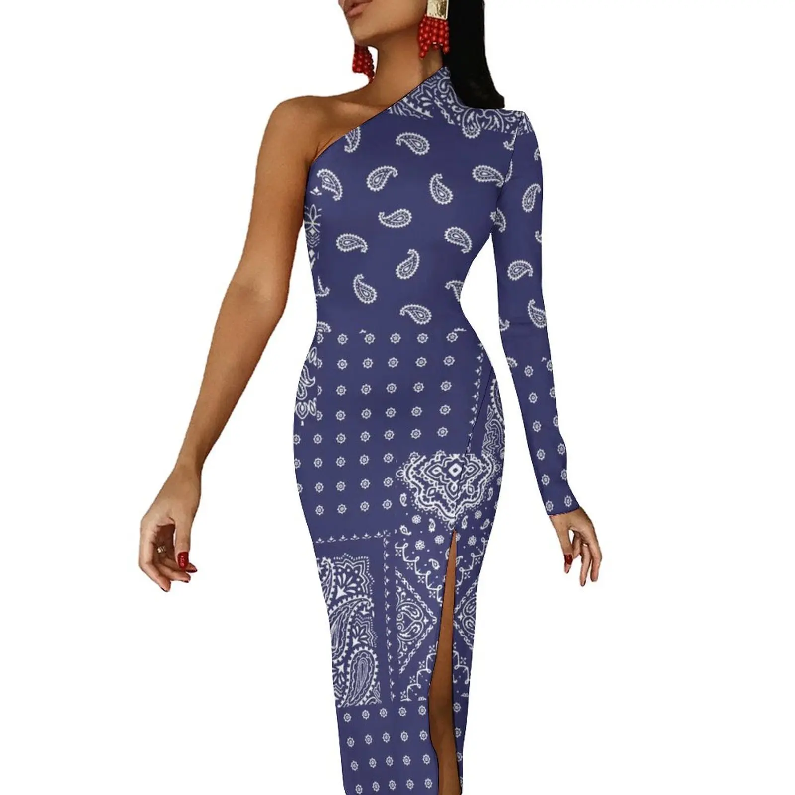 

Classic Paisley Maxi Dress Long Sleeve Patchwrok Print Streetwear Bodycon Dresses Spring Sexy Dress Ladies Custom Vestido