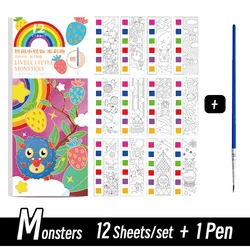 Portable Watercolor Painting & Coloring Book Set with Paint Brush - 12 Sheets (Monsters)