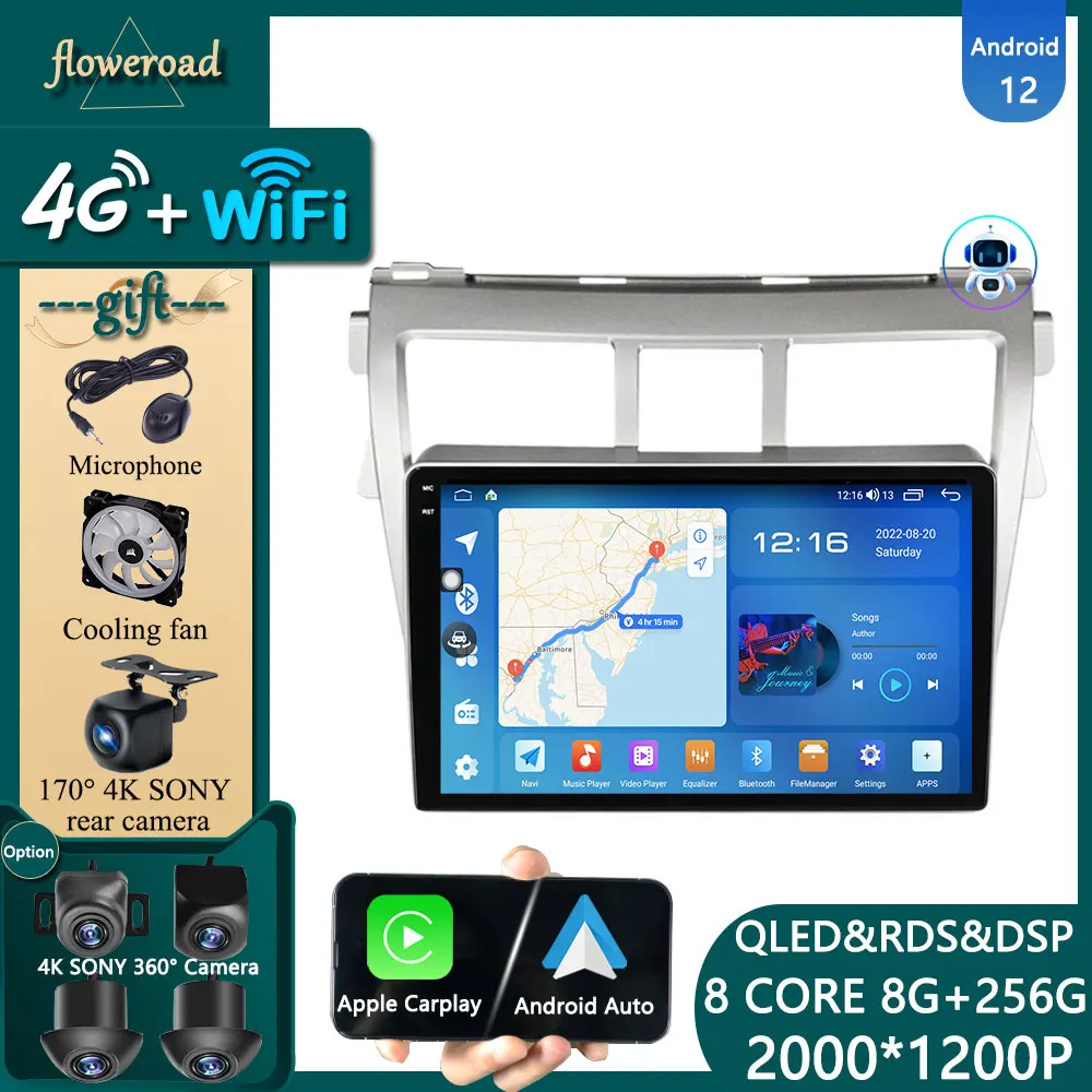 

Head Unit Carplay WIFI For Toyota VIOS Yaris 2007 -2012 Car Radio Multimedia Player Android 12 Navigation GPS Stereo Monitor DSP