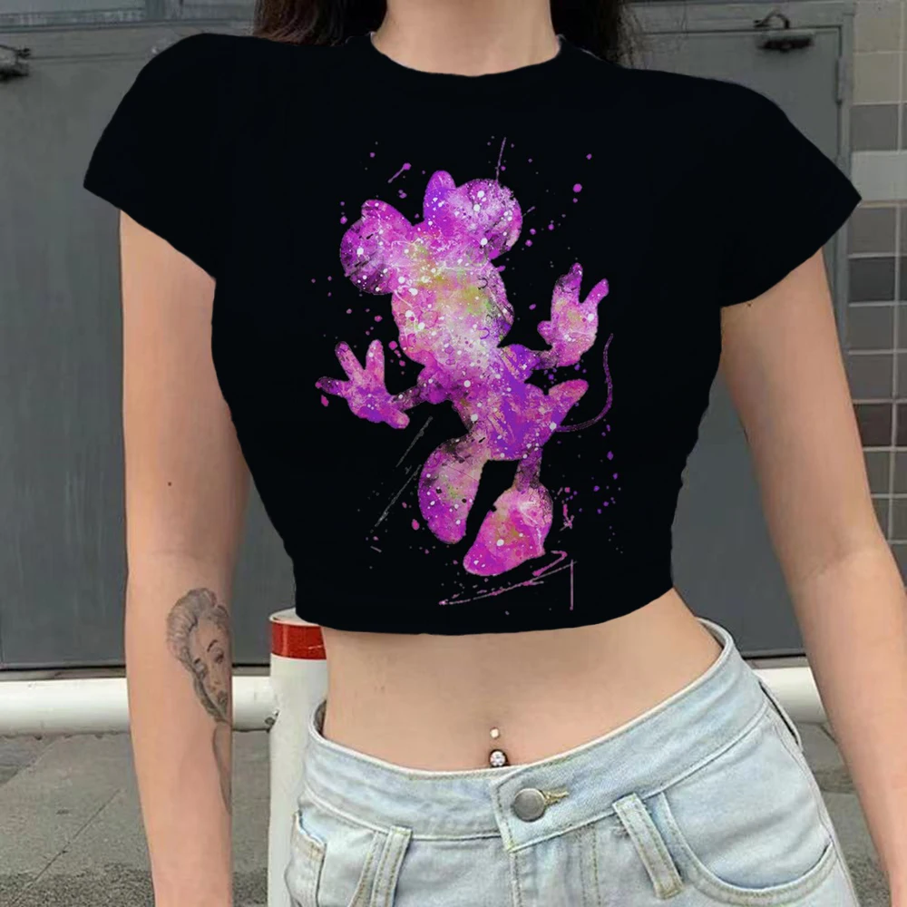 

Y2k Crop Top Slim Vintage Sexy Women Disney Minnie Mickey Mouse 3D Print Short Sleeve Tee Punk Fairy Cartoon Cute Short Tee