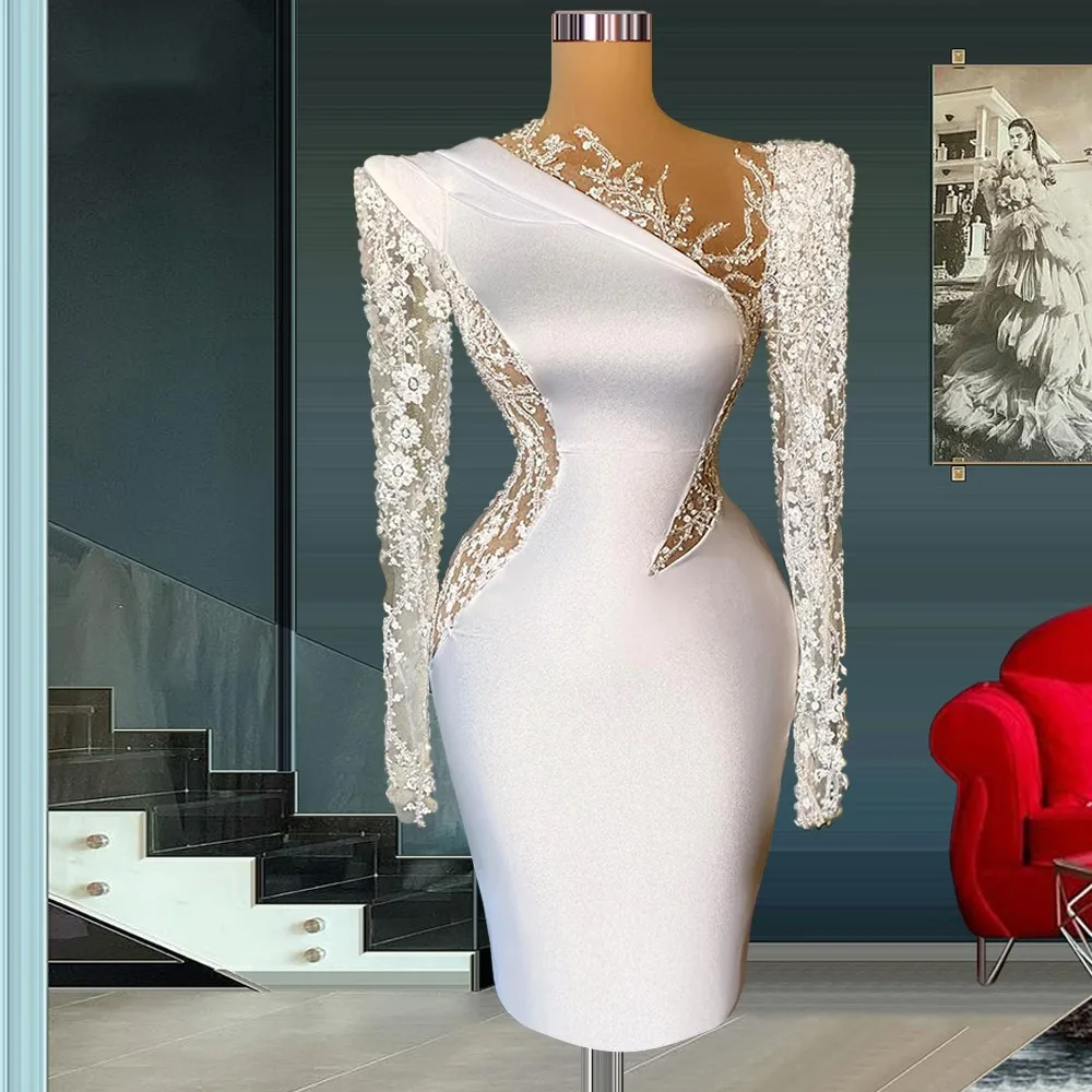 White Cocktail Dresses Sheath Long Sleeves Short Mini Lace Party Homecoming Dresses Black Girl Customized