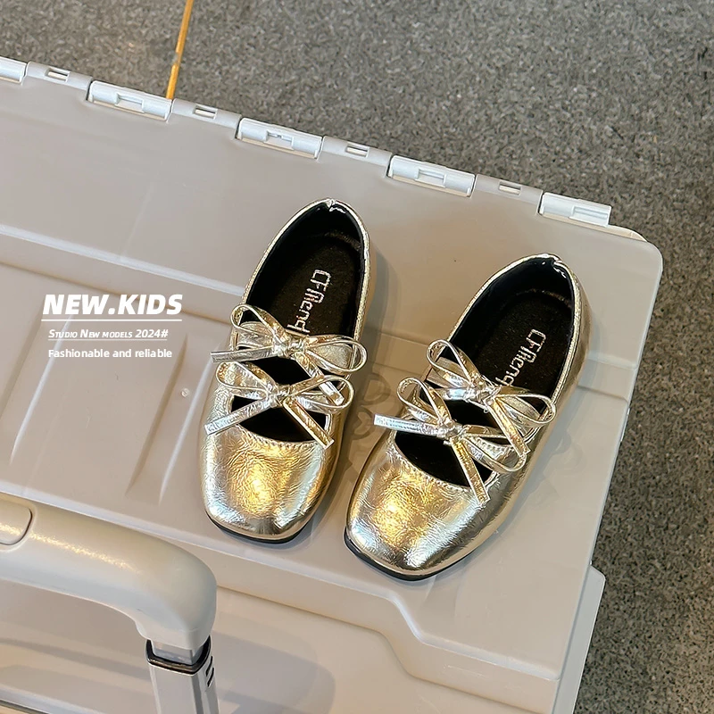Leather Shoes Double Bow Girls Anti Slip Soft Sole Spring Autumn Outdoor PU Casual