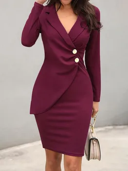 Autumn Winter Office Lady Dress 2023 Fashion Notchet Neck Long slave Slim Midi Pencil Dresses elegant woman tight work dress 1