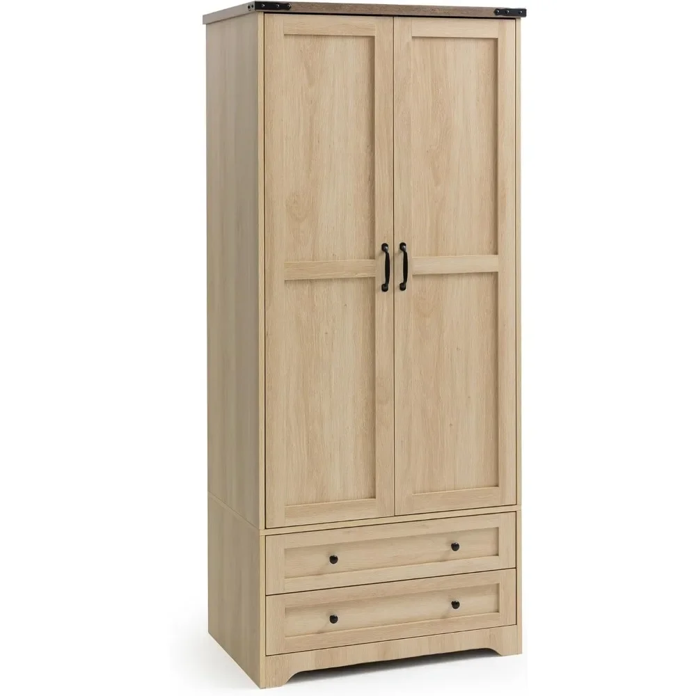 71" Wooden Armoire Wardrobe Closet with Adjustable Shelf and Hanging Rail, Freestanding Closet Wardrobe with 2 Wide Drawers 6