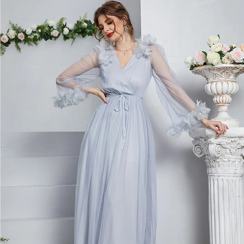

2022 Women Dress V-Neck Long Sleeve High Waist Applique Lace Party Dress Vestidos Elegantes Para Mujer Kaftans Robe