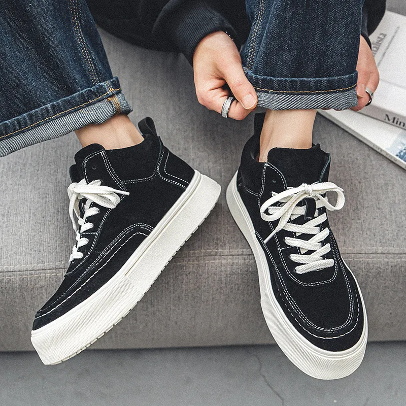 

Мужские повседневные ботинки на платформе, винтажные ковбойские ботинки из коровьей замши, на шнуровке, до щиколотки, в Корейском стиле