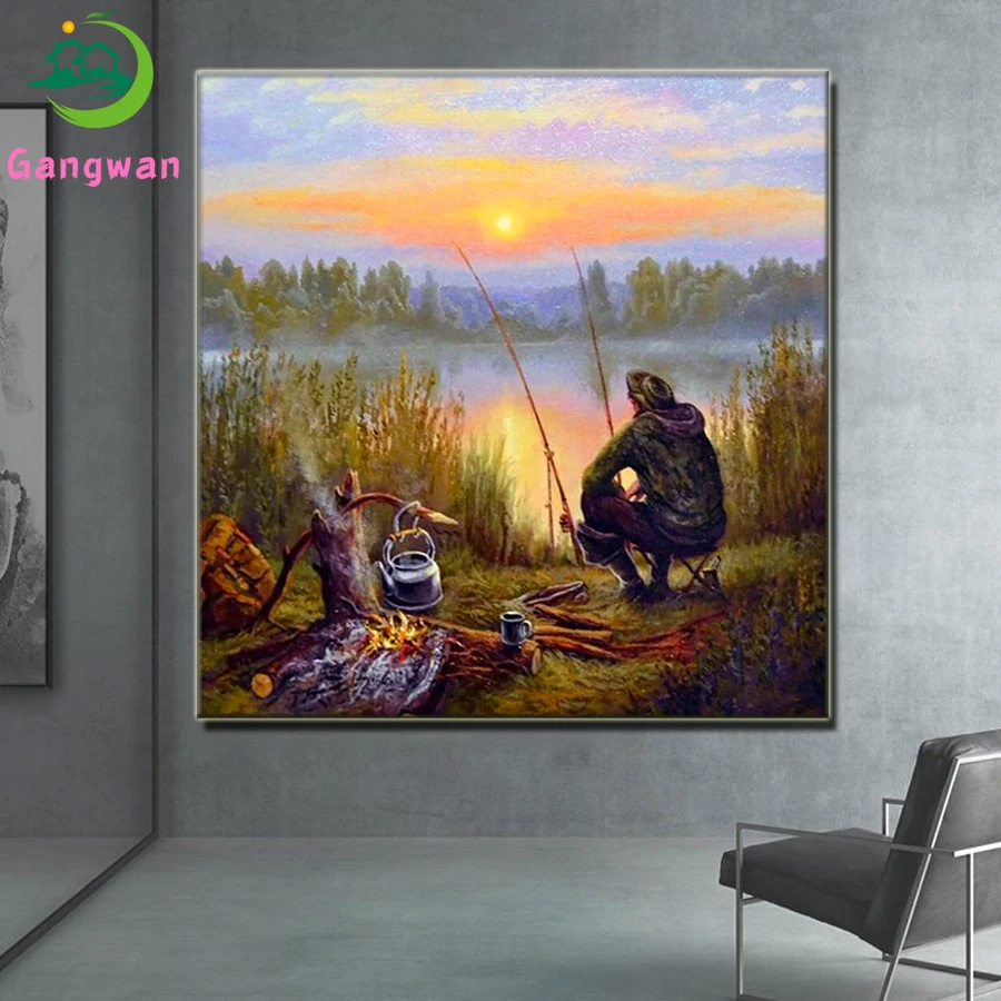 DIY Anglers 5D Full Square Diamond Embroidery Sunset fishing campfire landscape Diamond Painting Mosaic Cross Stitch for Home Decor