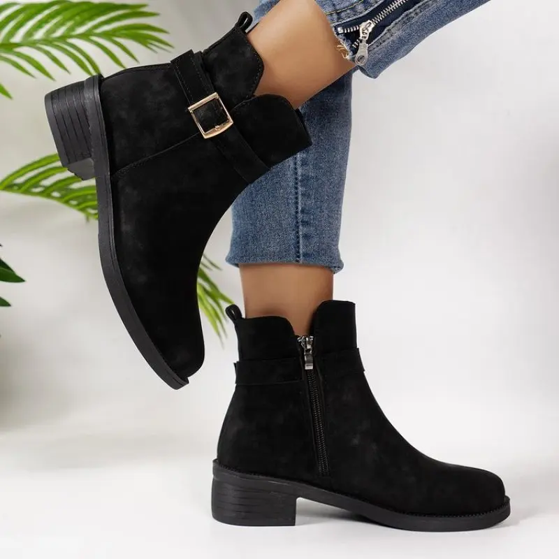 Fashion Suede Chunky Heeled Women's Ankle Boots 2024 New Pointed Toe Side Zipper Short Boots Woman Retro Booties Large Size 42