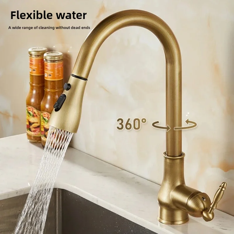 Antique Brass Kitchen Faucet with Pull-Out Spout Deck-Mounted Hot and Cold Mixer Tap 360° Rotation for Versatile Use 4