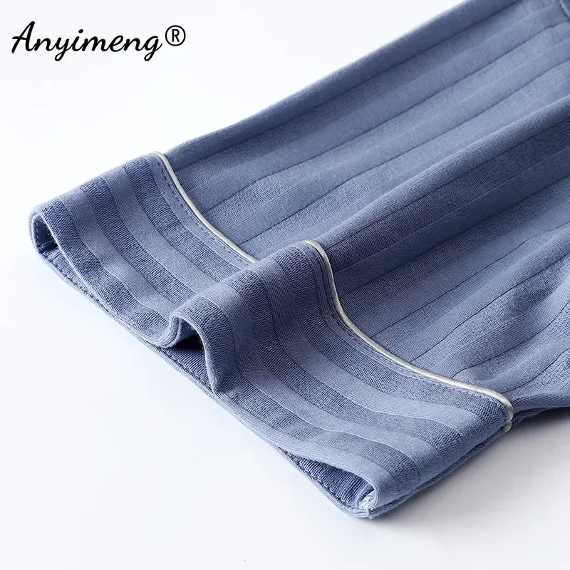 Men Plus Size Luxury Summer Nightwear Knitted Cotton Pajamas Set Short Sleeved Long Pants Fashion Elegant Leisure Sleepwear