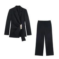 Women's Suit Pants Two-Piece Set Buckle Decoration Long Sleeve Blazer Coat + Straight-Leg Pants 2 Pieces Sets Chic Woman Outfits - Image 2