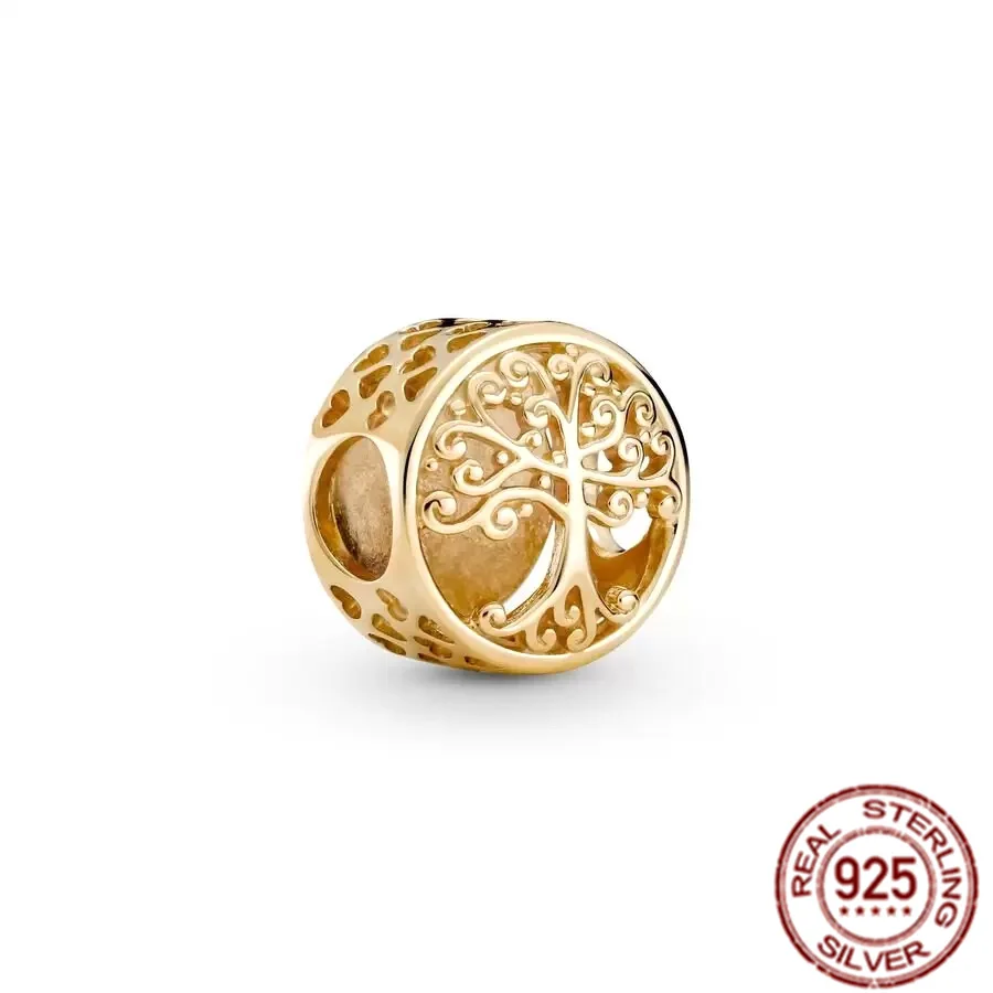 Gold Plated 925 Sterling Silver Openwork Family Roots & Radiant Star Charm Bead Fit Original Pandora Bracelet Women Jewelry Gift