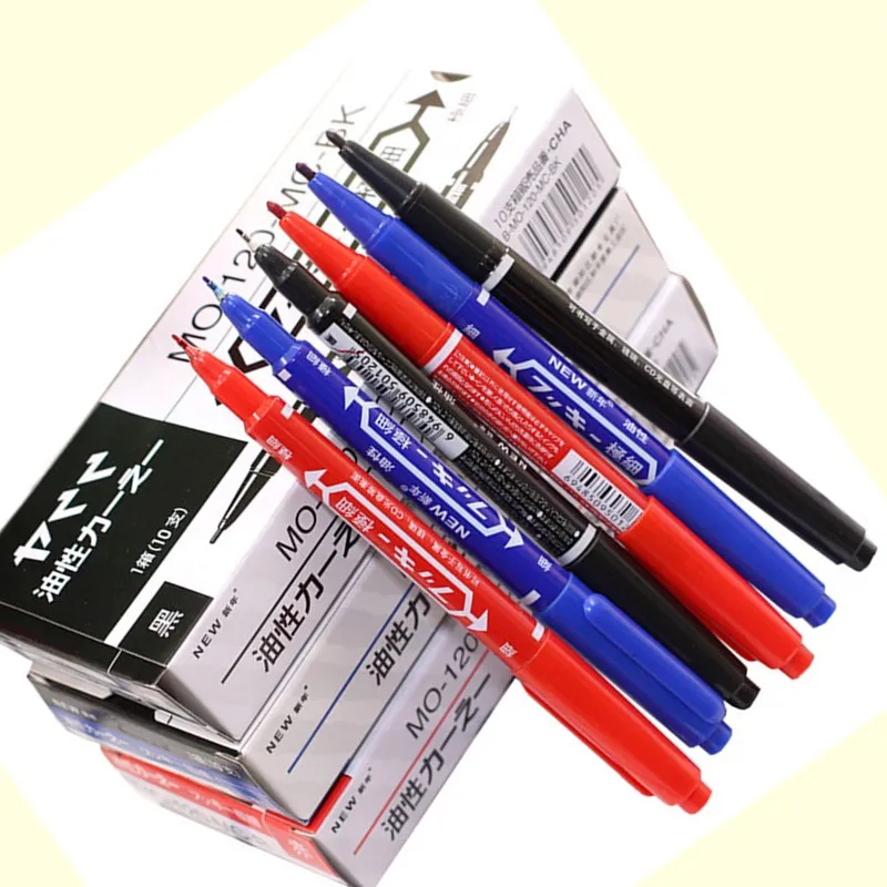 10pcs 블랙 블루 레드 Fineliner 드로잉 듀얼 팁 마커 펜 아티스트 쓰기 마크 CD 유리 학교 사무실 공급 편지지 MP20