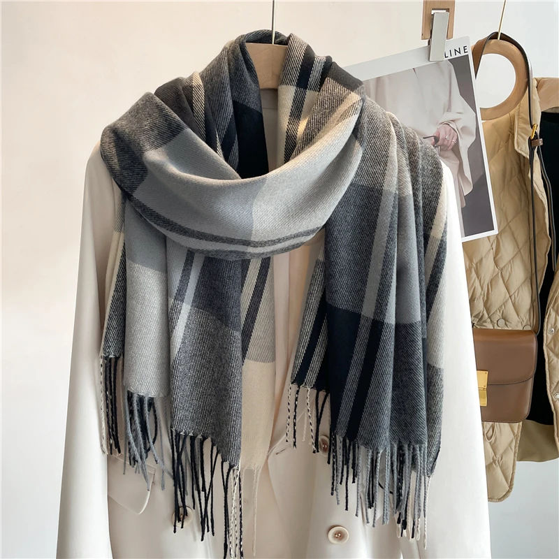 Luxurious Warm Cashmere Plaid Scarf - Fashionable Winter Pashmina Shawl with Tassel