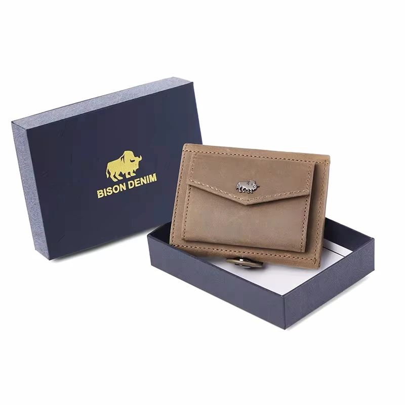 Leather Wallet BISON DENIM Men Genuine Leather Short Slim Wallet With Coin Pocket Trifold Rfid Blocking Card Holder Wallet W4530