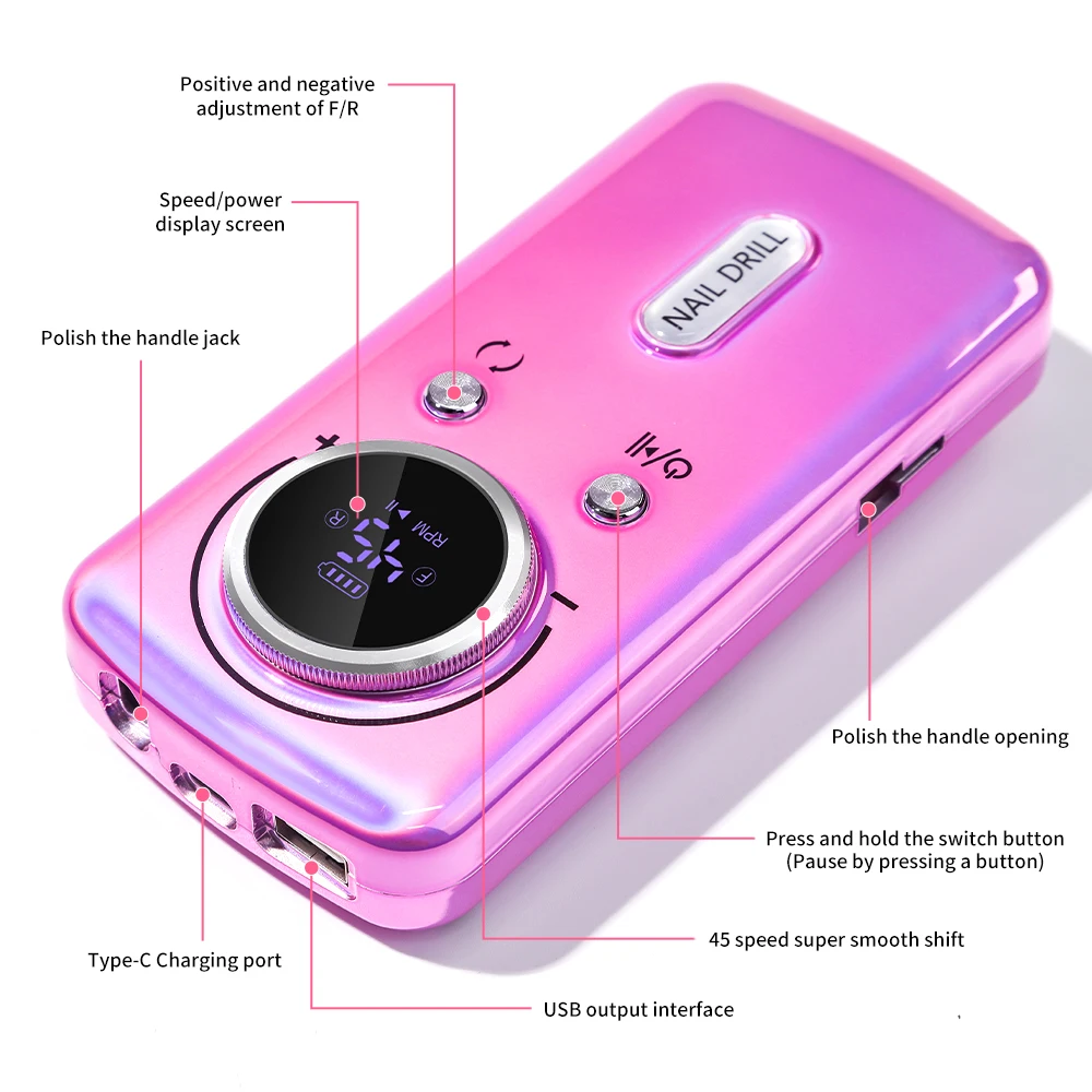 45000RPM Nail Drill Machine Electric Portable Nail File Rechargeable Nail Sander for Gel Nails Polishing For Home Manicure Salon 2