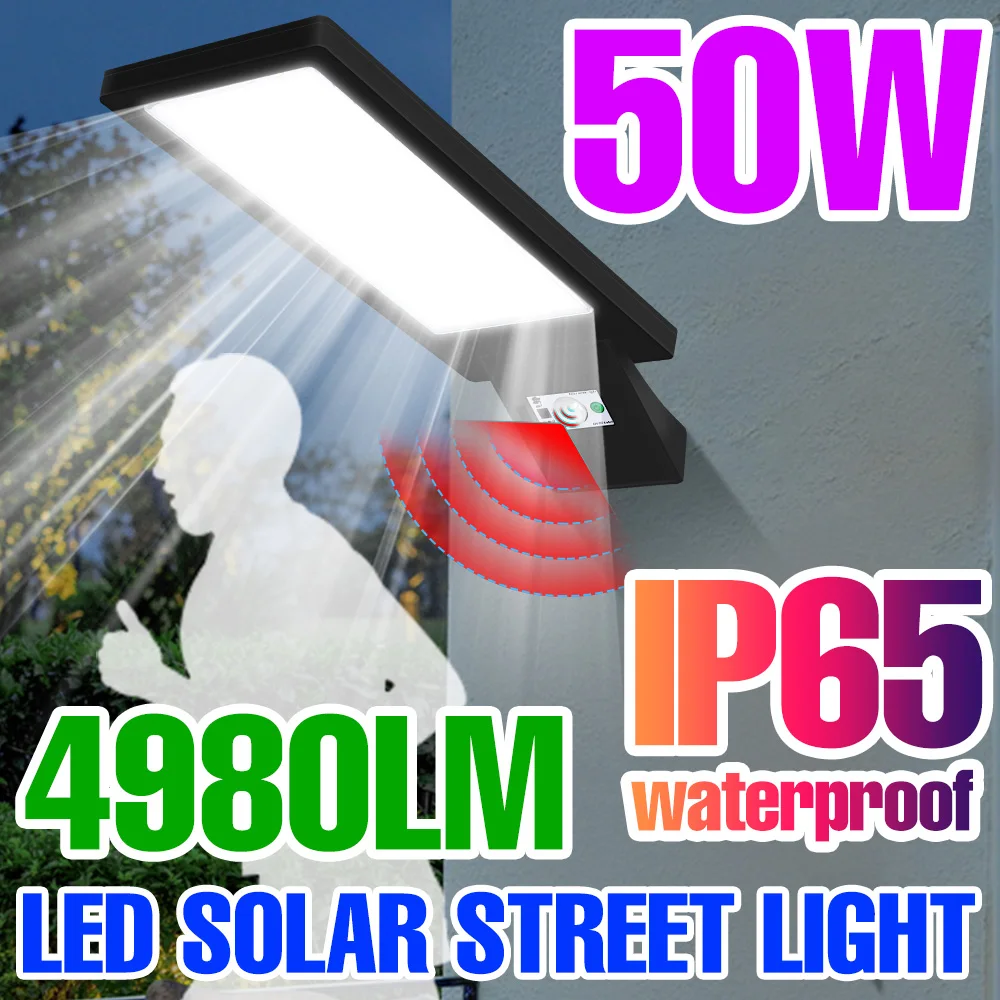 50W Solar LED Lights Outdoor Street Lamp PIR Motion Sensor Exterior Wall Lamp IP65 Waterproof Sunlight Powered Garden Lighting