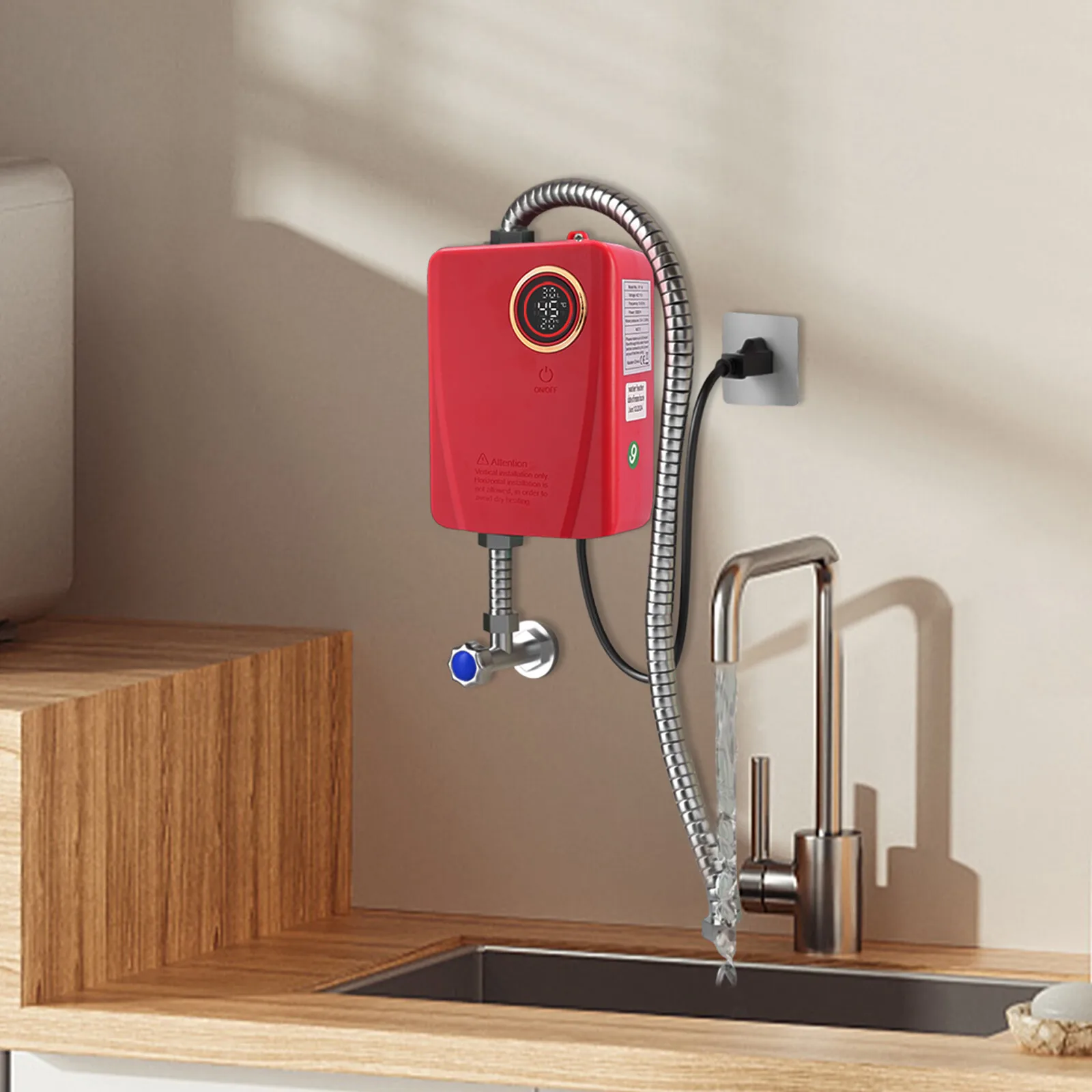 110V 3000W Stainless Steel Mini Water Heater XY-FA Red US Plug Instant Hot Water for Kitchen Bathroom 5