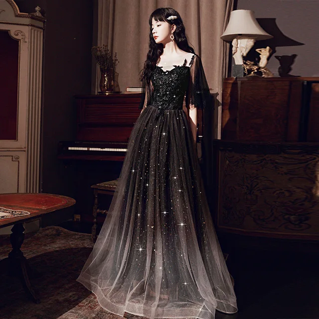 Black Elegant Retro Evening Dress Women 2022 New Exquisite Applique Beaded  Sequins Mid Sleeve French Long Banquet Gowns - Evening Dresses - AliExpress