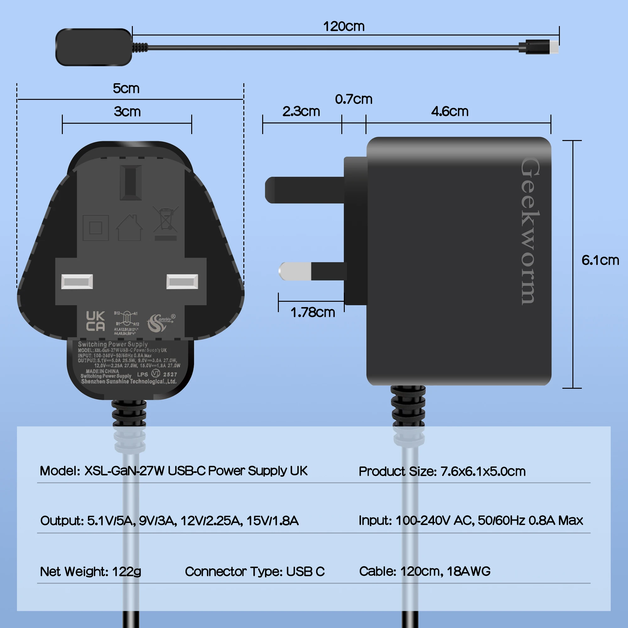 Geekbord 라즈베리 파이 5 전원 공급 장치 XSL-GaN-PD 27W 5.1V 5A USB-C