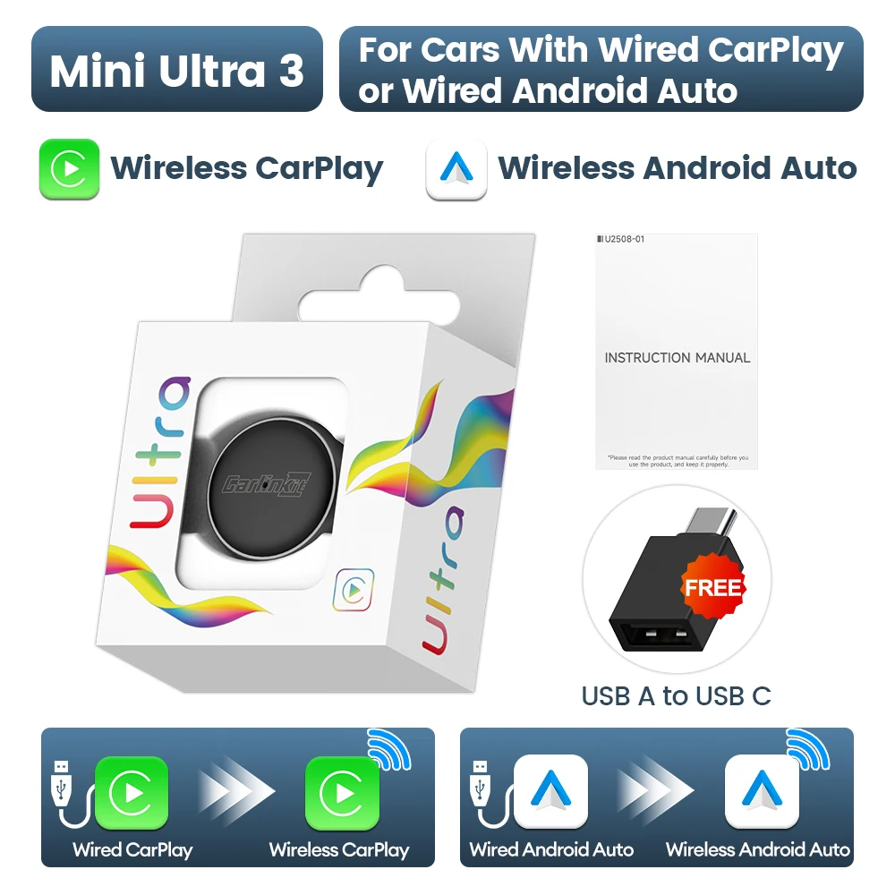 محول لاسلكي صغير Ultra CarlinKit 5.0 لـ CarPlay ال...