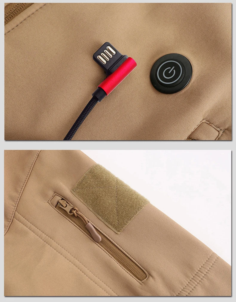 A pair of tan pants with an attached USB cord, suitable for winter as an electric heating jacket accessory.