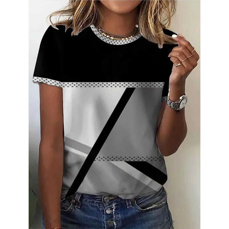 

2023 New Women T-shirt Color Matching Harajuku Print Summer Fashion Round Neck Short Sleeve Top Casual Loose Oversized T Shirt