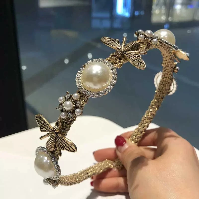 

Vintage Chic Hairbands Women Retro Baroque Rhinestone Court Headband Bees Bowknot Pearl Lady Hair Accessories