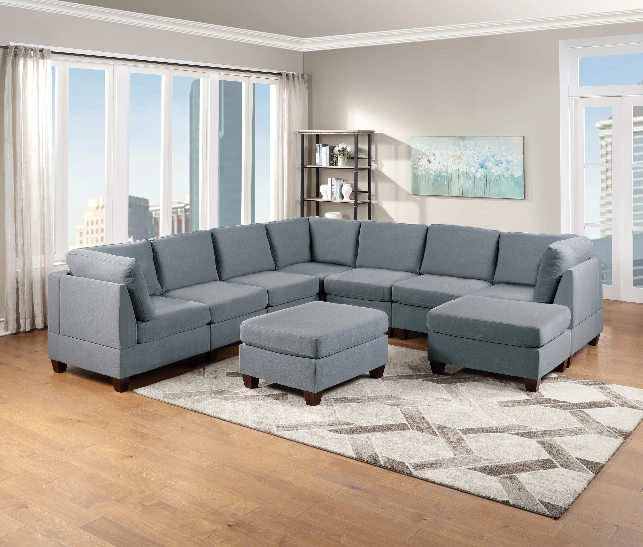 

Modular Sectional 9pc Set Living Room Furniture Corner Sectional Couch Grey Linen Like Fabric 3x Corner Wedge 4x Armless Chairs