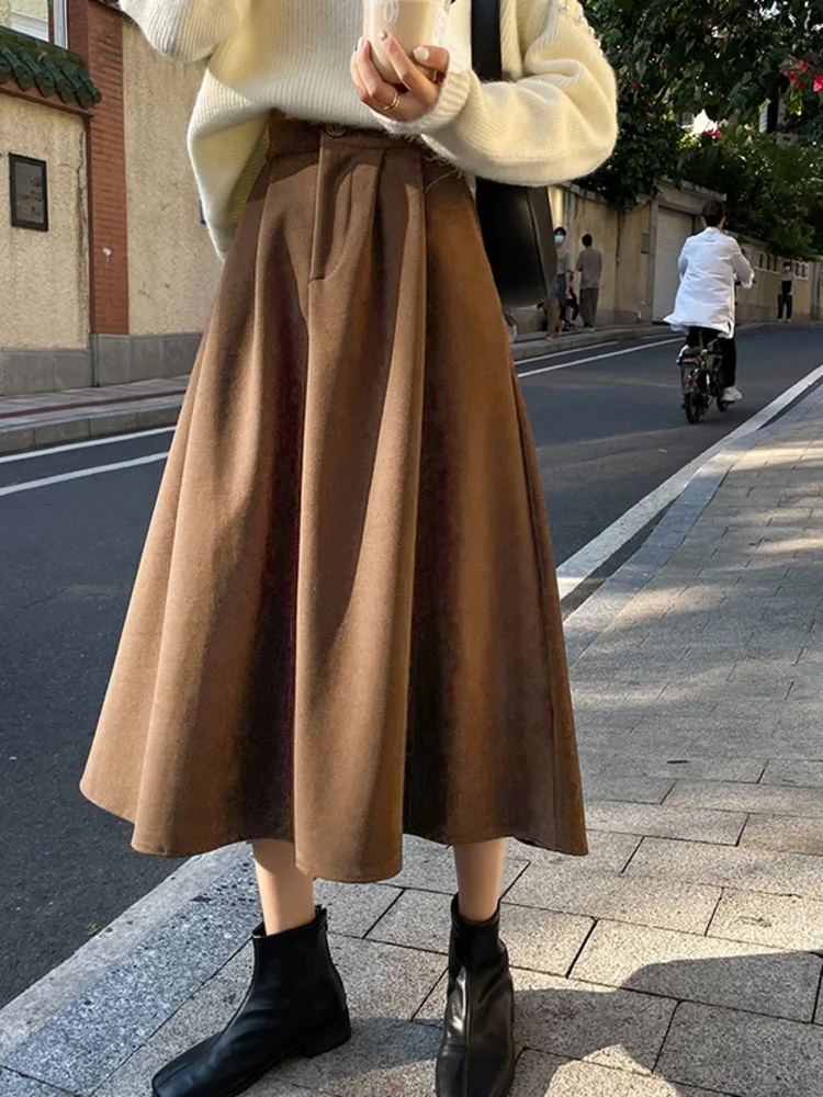 

Vintage A-Line Skirt Women High Waist Elegant Casual Fashion Solid Color Skirt Office 2022 Autumn Winter Korean Style