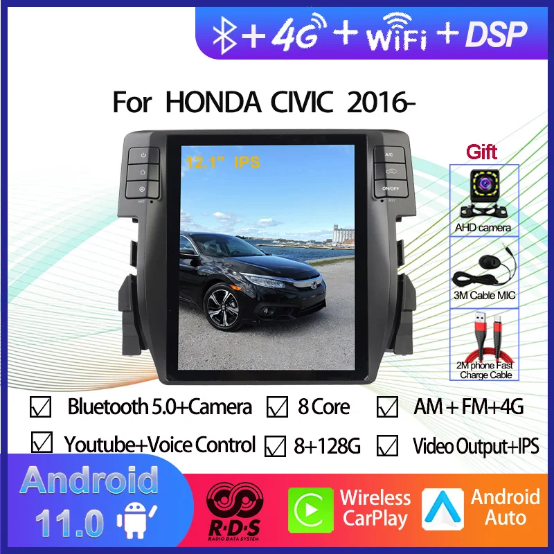 

Автомобильный GPS-навигатор с вертикальным экраном в стиле Тесла, 4 Гб + 64 ГБ, Android 11, для Honda Civic 2015-2021, автомобильное радио, стерео, мультимедийный плеер