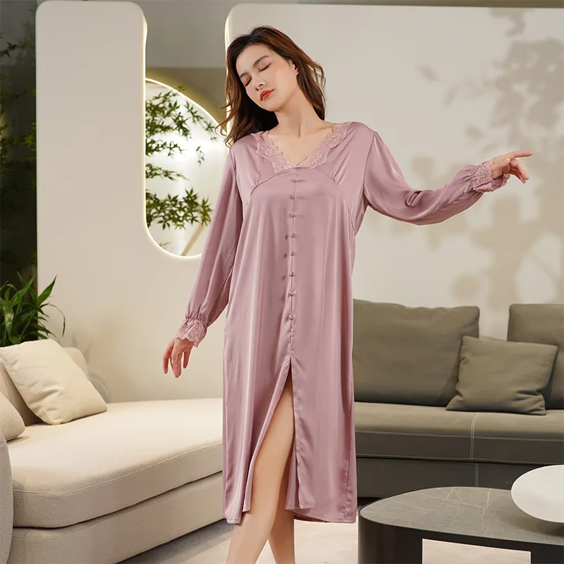 

Sweet Lady Butten Long Nightdress Pink Lace V Neck Nightgown Spring Summer New Women Sleepwear Dreamy Home Dress Sexy Nightwear