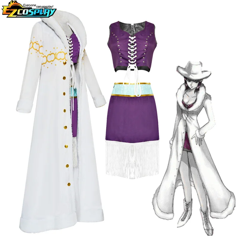 Nico Robin Cosplay Costume Anime One Piece Purple Dress Uniform Long Fur Collar White Cloak Punk Outfit Halloween for Adult
