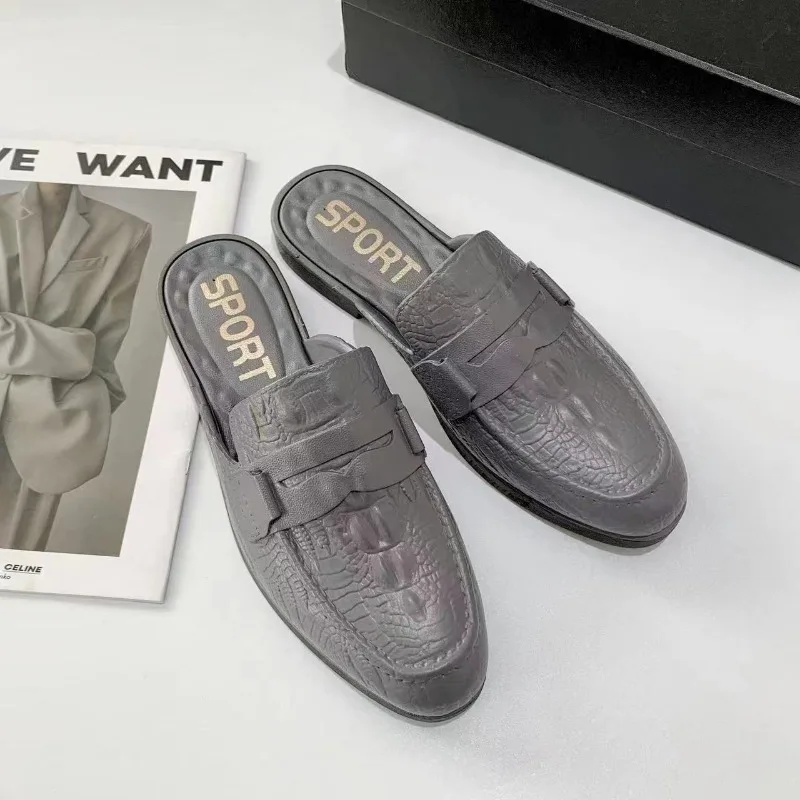 New Men's Loafers Luxury Business Half Shoes for Male Patent Leather Mules Non-slip Outdoor Summer Fashion Slippers