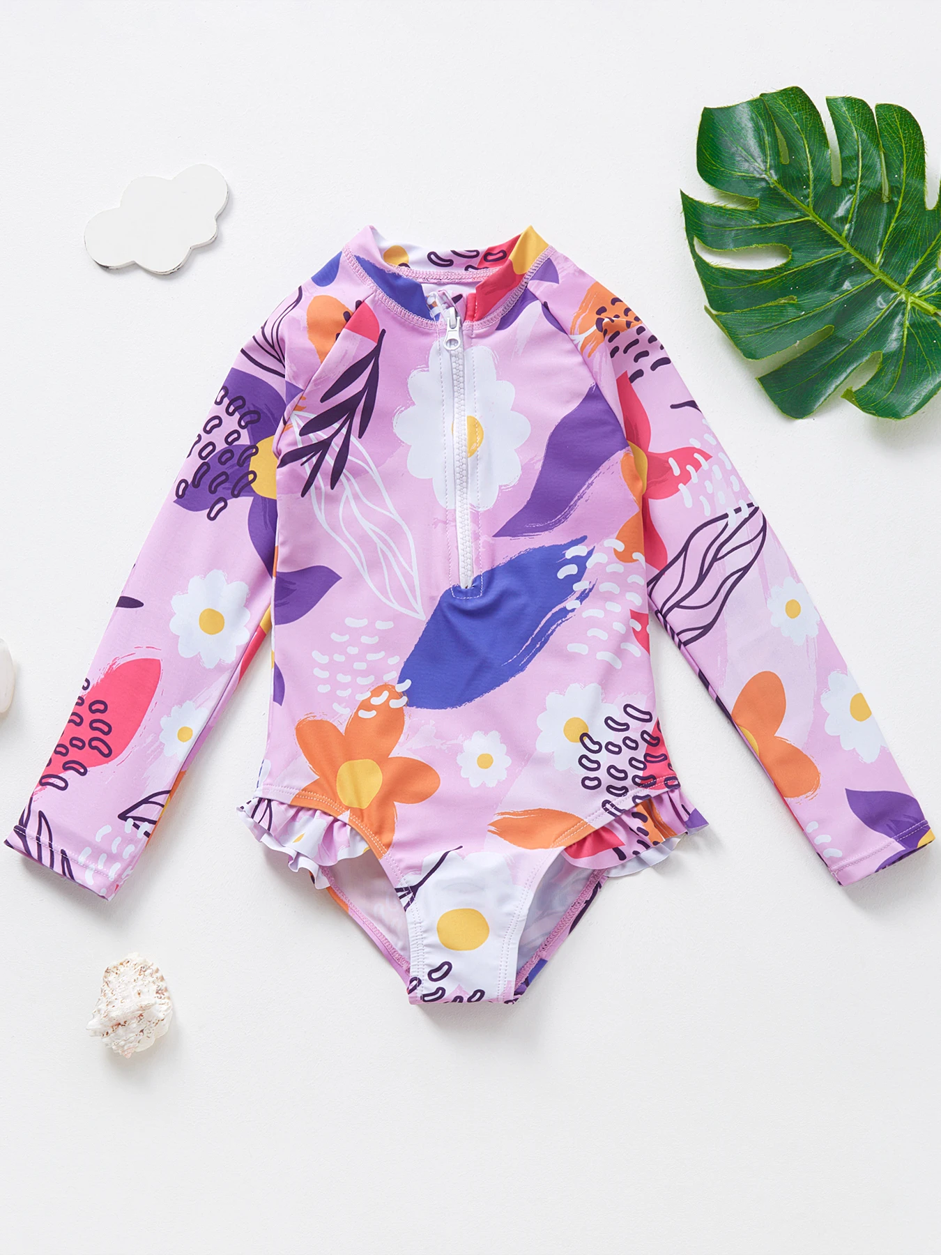 One Piece Swimsuit Girls Rash Guard Long Sleeve Ruffle Trim