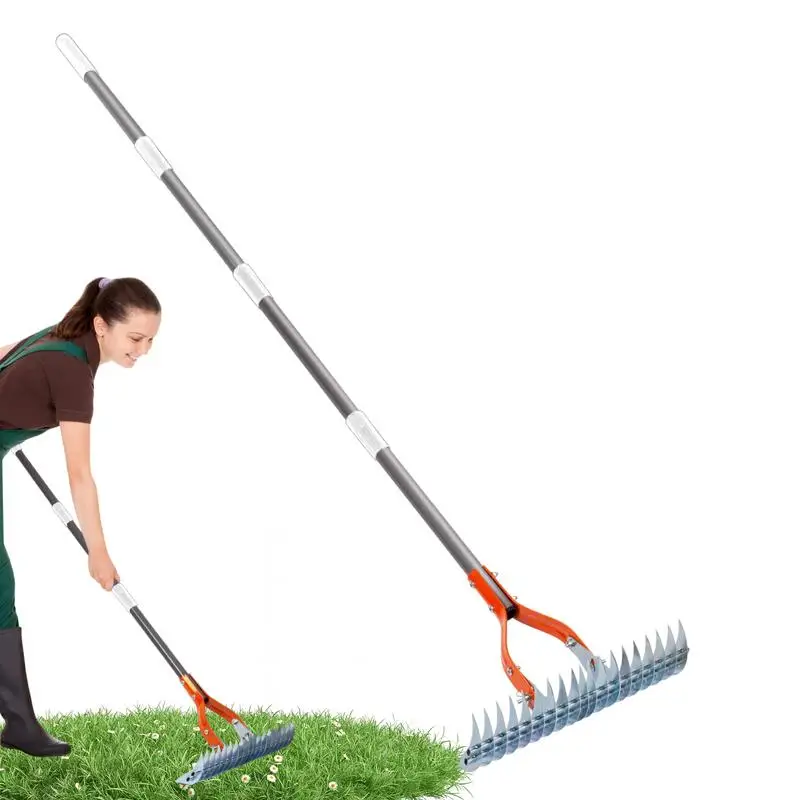 Metal Thatch Rake Stainless Steel Multi-Purpose Cultivator Garden Hand Rake Ergonomic Portable Gardening Tools Tiller Cultivator