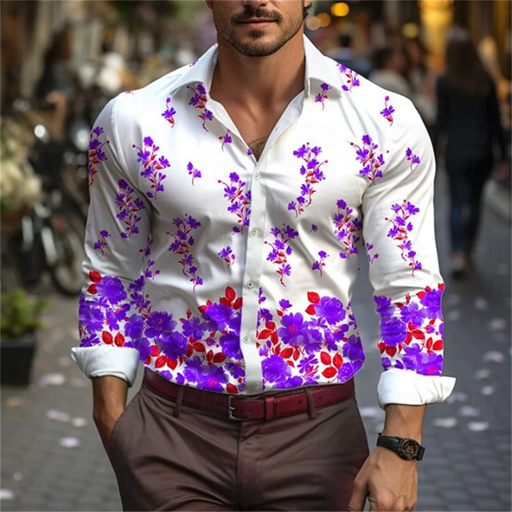 thumbnail image 1 of Camisas casuales con estampado floral para hombre, para exteriores, calle, suaves y cómodas, para uso diario, con solapa, para otoño, camisas de gran tamaño, 1 of 4