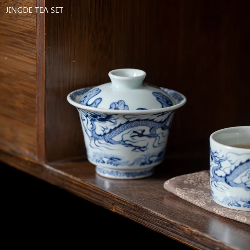 Jingdezhen Blue and White Porcelain Dragon Pattern Tea Set Handmade Beauty Gaiwan Tea Maker Exquisite Master Cup Chinese Tea Set