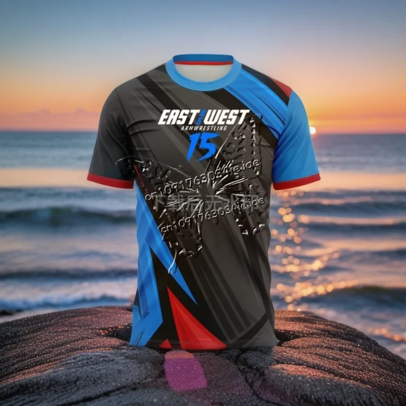 MOTO East Vs West 15 Larratt Arm Wrestling Jersey 팀 손목 매니아 훈련 피트니스 게임 데이 유니폼 반소매 티셔츠