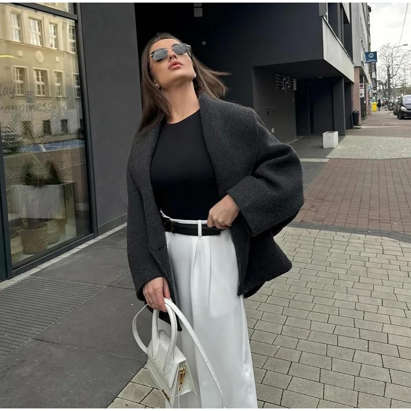 Retro Loose Woolen Blend Coat Women Lapel Double-Breasted Long Sleeve Pocket Thick Gray Jacket 2025 Autumn Spring Streetwear