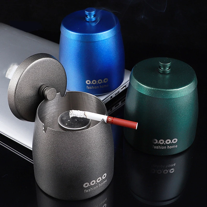 

Thickened Stainless Steel Ashtray With Cover Desktop Windproof Ash Tray Creative Color Plated Ashtray for Bar Home Living Room