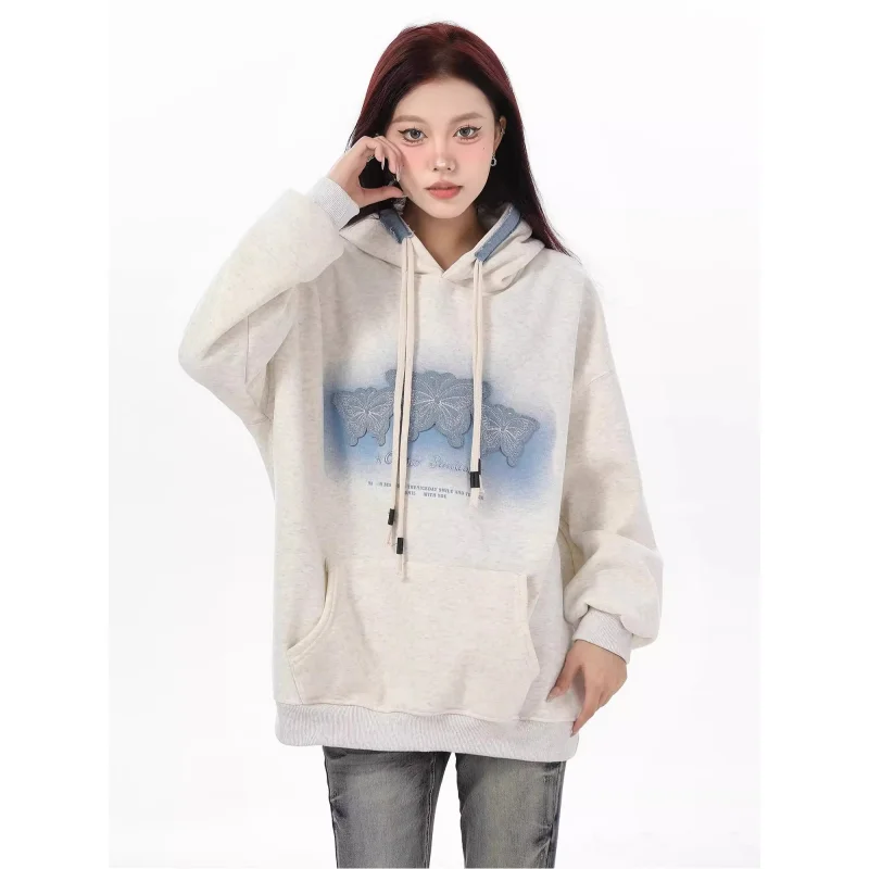 

Y2K Весенняя серая Женская одежда, корейский модный мешковатый пуловер с надписью, уличная одежда с вышивкой, свитшот с длинными рукавами, плюшевые Топы