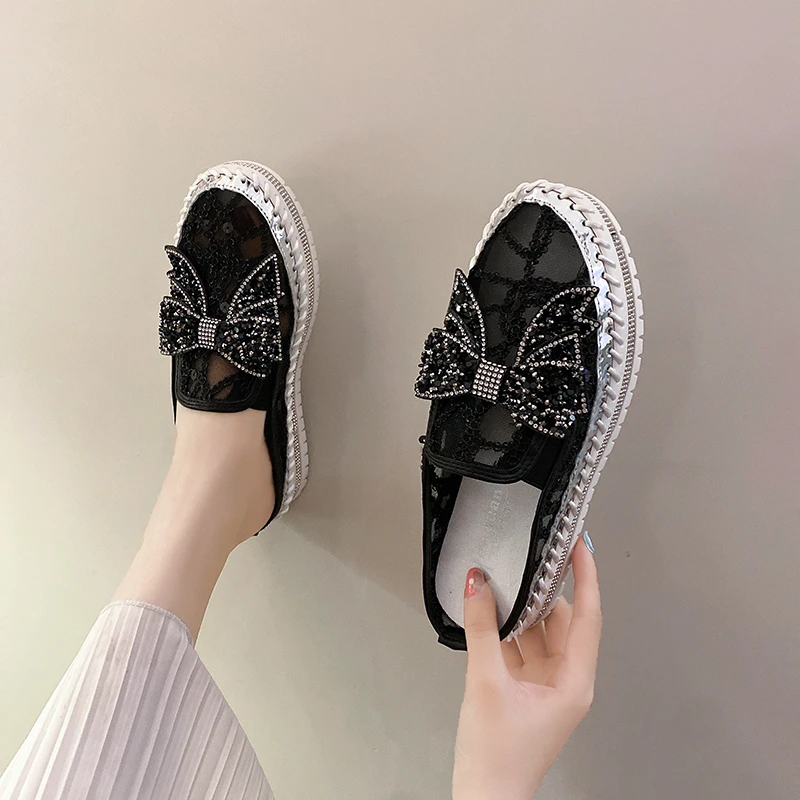 

2022 New Lace Butterfly-knot Platform Baotou Slippers Spring Autumn Half Slippers Women Bling Shoes Breathable Mesh Slides 35-43