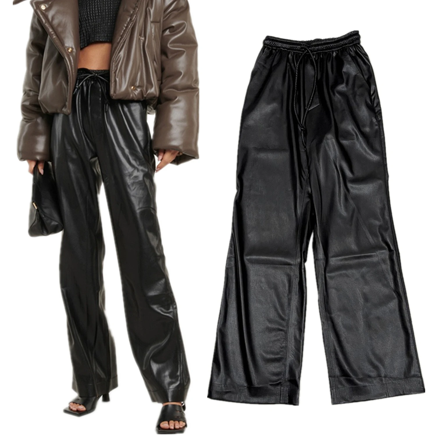 

Dave&Di High Street Fashion Retro Environmental Protection Leather Pants Drawstring Casual Loose Harem Leather Pants Women