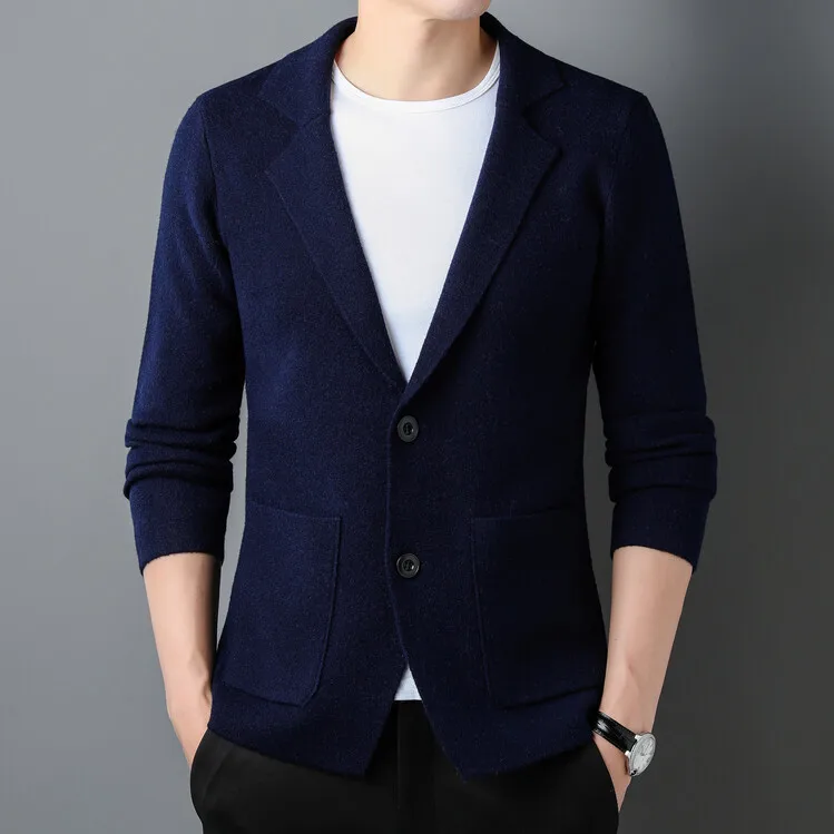 Men 100% Super Fine Merino Wool Blazer Coat 2024 Spring Autumn Knitted Pure Wool Man Single Breasted Cardigan 3