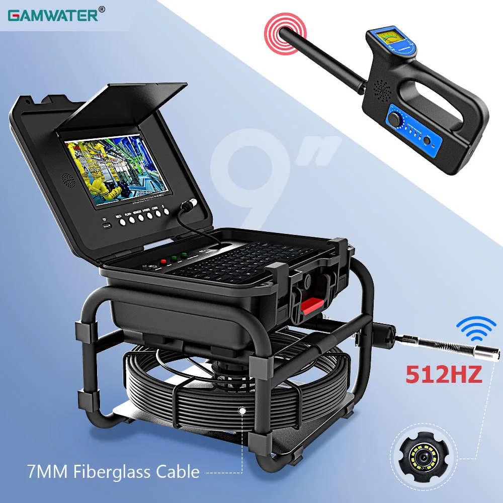 GAMWATER 파이프 검사 카메라, 512HZ 로케이터, 9 인치 DVR IPS 1080P 셀프 레벨링 배관 내시경, 5X 이미지 확대 및 미터 카운터