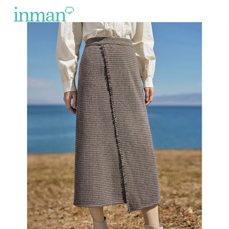 real shot denim skirt female baby blue summer versatile high street diary raw edge retro anti slip INMAN Women Houndstooth Skirt 2023 Winter High Waist A-shaped Ragged Edge Diagonal Patch Slit Retro Versatile Plaid Long Skirt