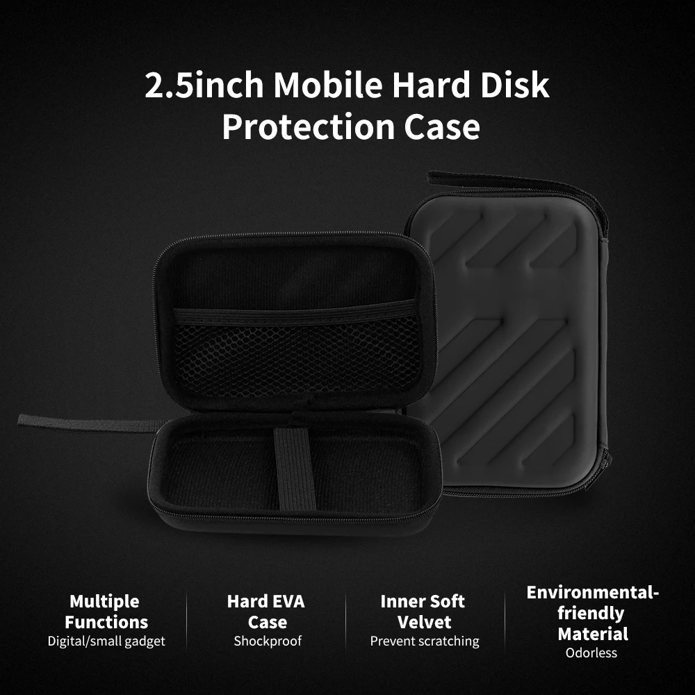 External Hard Drive Disk Case Shockproof EVA Case 2.5in HDD Mesh Pocket Soft Inner Fabric Carrying for Office Use