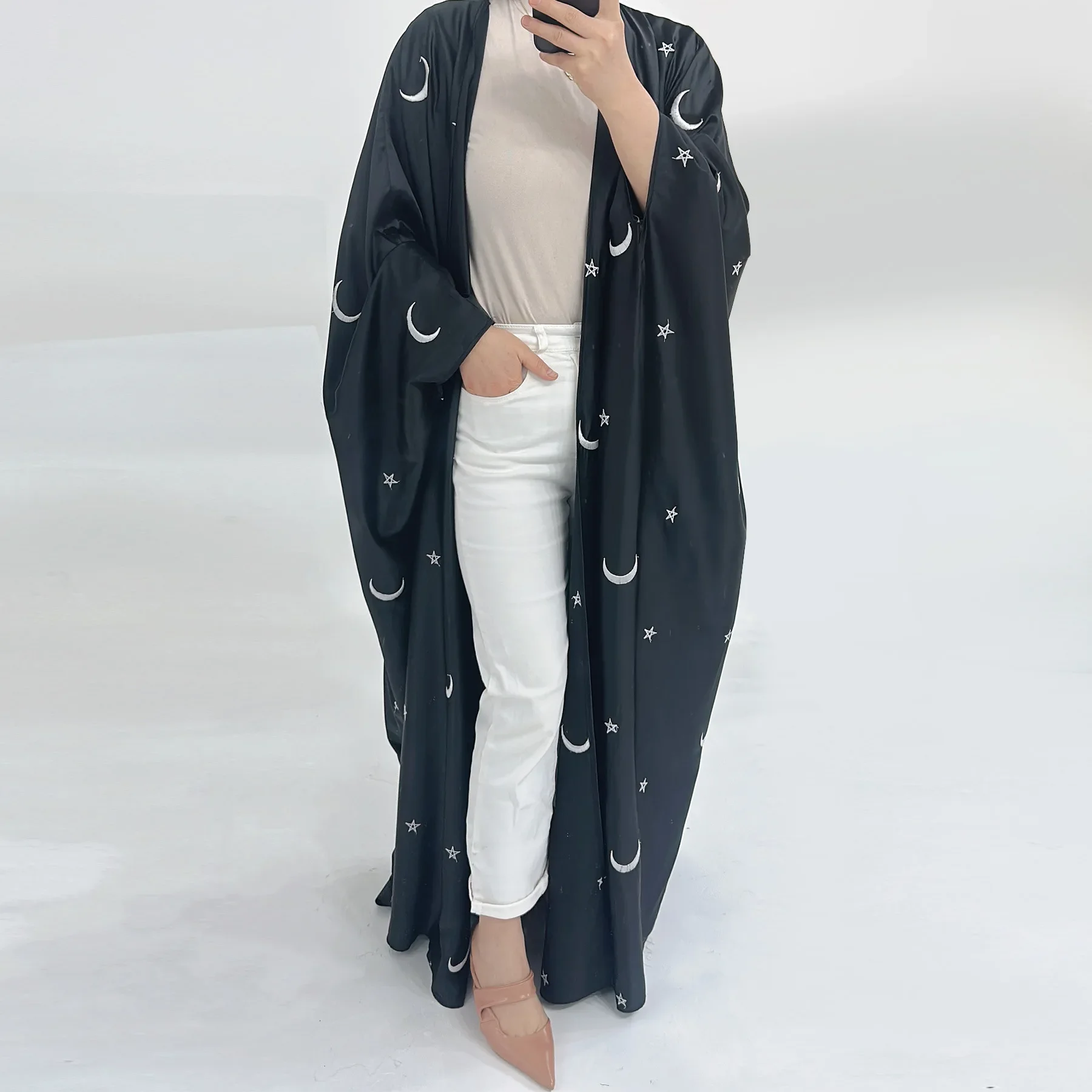 Satin Moon Embroidery Abaya Open Kimono Cardigan Muslim Abayas for Women Dubai 2024 Luxury Turkey Kaftan Islamic Outfit Ramadan