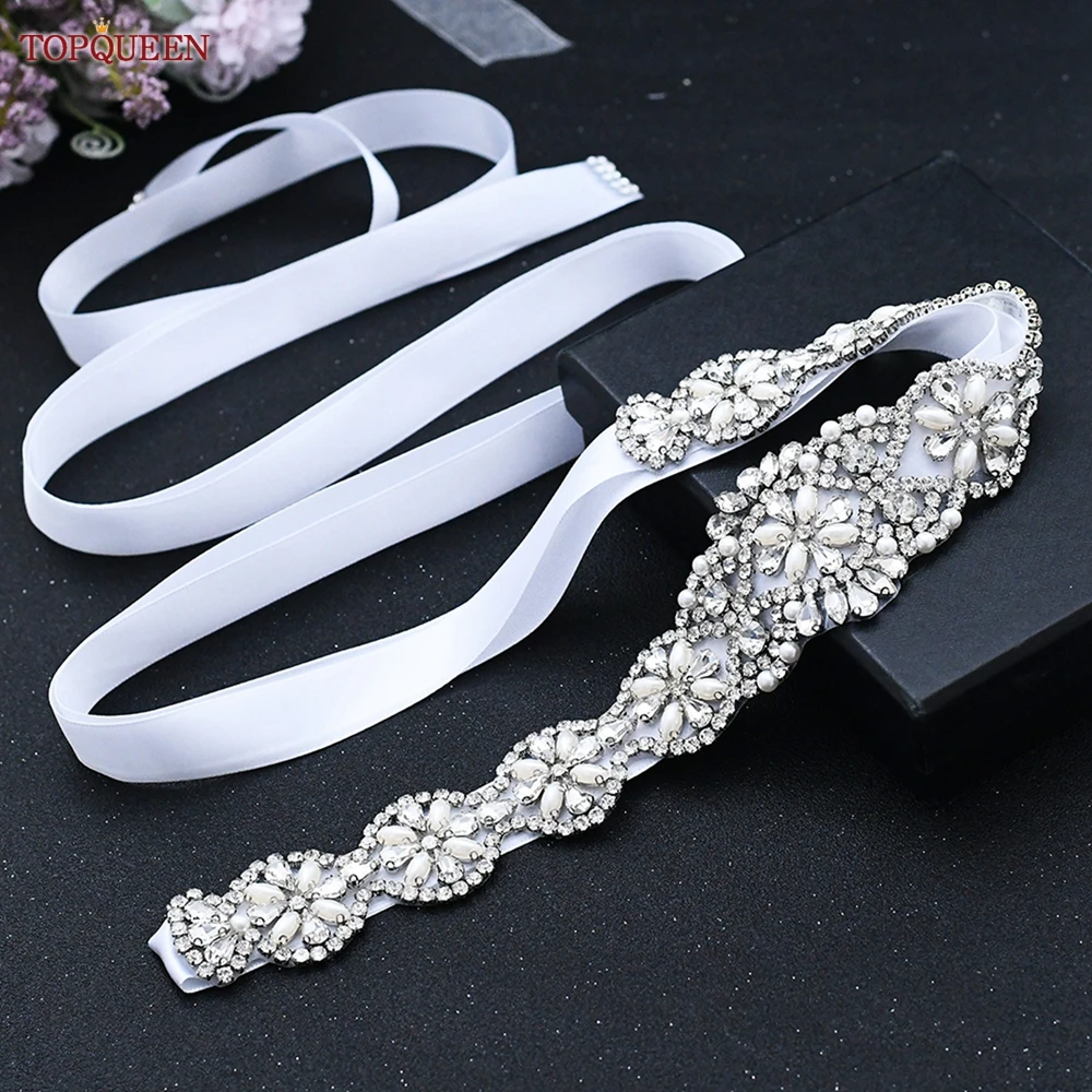TOPQUEEN Bridal Belts Bling Wedding Women Jewelry Silver Rhinestone Pearl Crystal Sparkly Party Formal Dress Diamond Sash S161